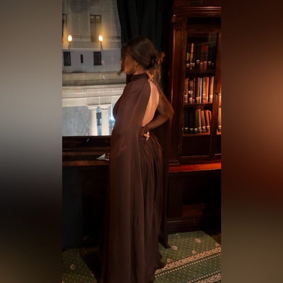 Chiffon High Neck Cape Sleeve Dress - Elegant Brown Evening Gown - Picture 6 of 6